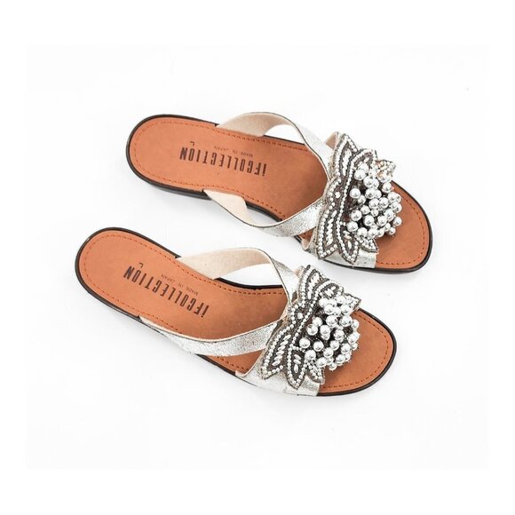 IF COLLECTION NWOB Silver Beaded Flat Sandal Slide Made in Japan - Picture 3 of 7